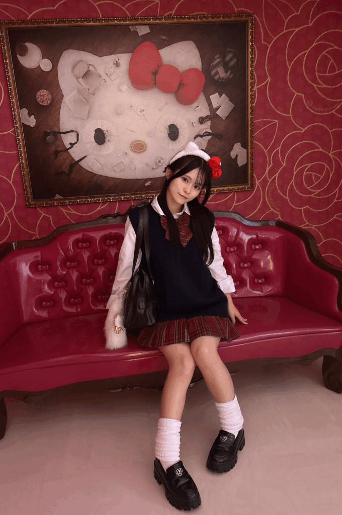 今日好きに出演している島津凛々華のビジュアル。制服姿でハローキティのカチューシャをしている。